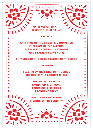 Our Papel Party Wedding Programs utilize a classic white background to provide necessary contrast to the vibrant red that fills the page.