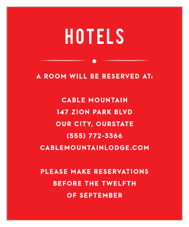 Ensure that your guests are as comfortable as you are excited in the days surrounding your wedding day with our Papel Party Accommodation Cards. Bright, festive red forms the background of the card, offering a stunning contrast to the classic white spelling out the details of your recommendation. With these gorgeous cards, you can be sure that your guests are well taken care of.