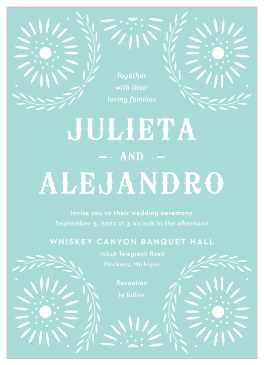 Our Papel Confetti Wedding Invitations feature a daisy-esque papel picado design that frames your wedding details atop a pastel, glass blue backdrop.