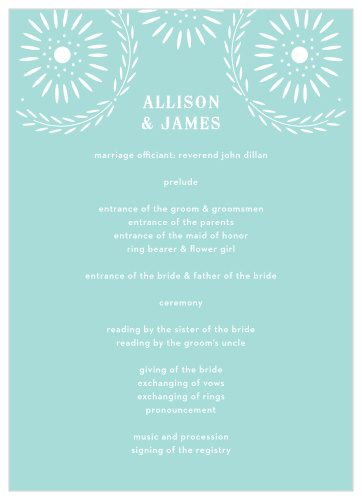 Our Papel Confetti Wedding Programs feature a daisy-esque papel picado design that frames your names and ceremony schedule atop a pastel, glass blue backdrop.