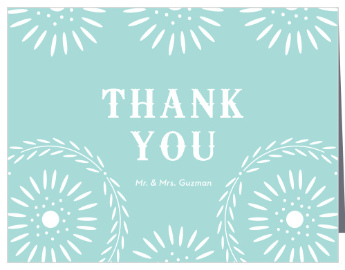 Our Papel Confetti Wedding Thank You Cards feature a daisy-esque papel picado design that frames your text atop a pastel, glass blue backdrop.