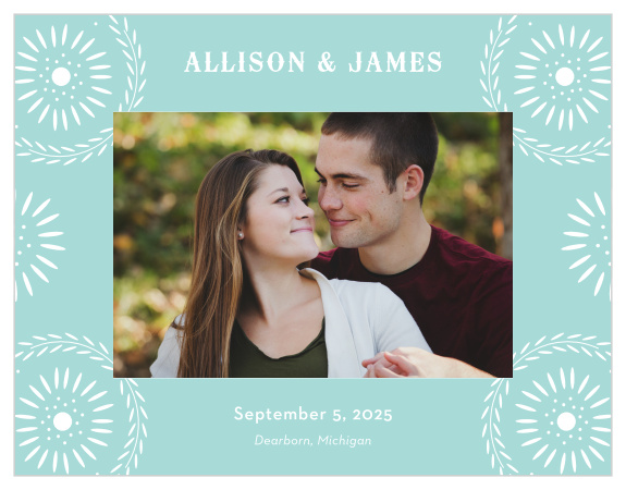 Our Papel Confetti Save-the-Date Magnets feature a daisy-esque papel picado design that frames your engagement photo in white and pastel, glass blue.