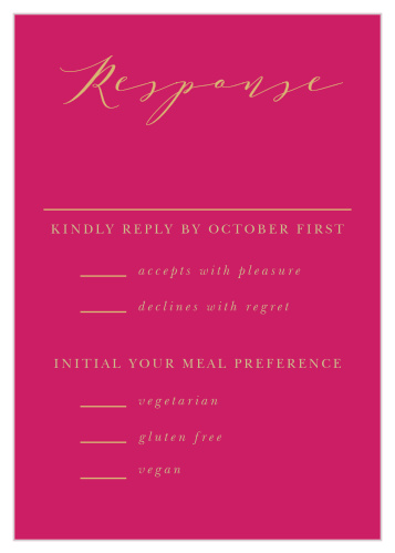 Properly prepare for every single guest with our Indian Henna Response Cards. Calligraphy dances across the top of the page in a shining gold-foil, just above the space reserved for your guests' names, before the text transitions into a clean-cut pseudo-gold. 