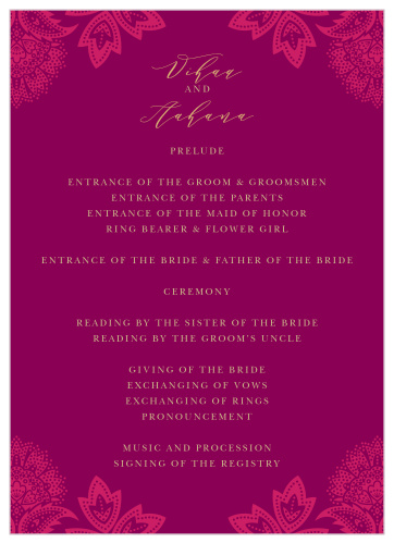 Indian Henna Wedding Programs walk your guests through each moment and member of your wedding ceremony as you take each step down the aisle.