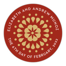 A Spanish-styled, floral decoration adorns the center of our Spanish Garden Wedding Stickers. 