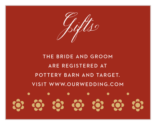Our Spanish Garden Registry Cards are colored sangria red, with gold-foiled floral pattern decorating the bottom of the card.
