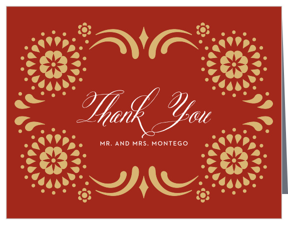 Spanish-styled, floral decorations adorn the borders of our Spanish Garden Wedding Thank You Cards.