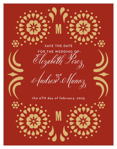 Spanish-styled, floral decorations adorn the borders of our Spanish Garden Save-the-Date Cards. 