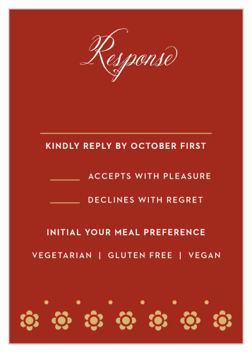 Our Spanish Garden Response Cards are colored sangria red, with gold-foiled floral pattern decorating the bottom of the card.