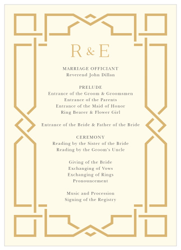 Intricate, gold-foil lines dance in a gemstone-inspired pattern around our Emerald Border Wedding Programs, offering a sparkling frame for the details of your wedding day.