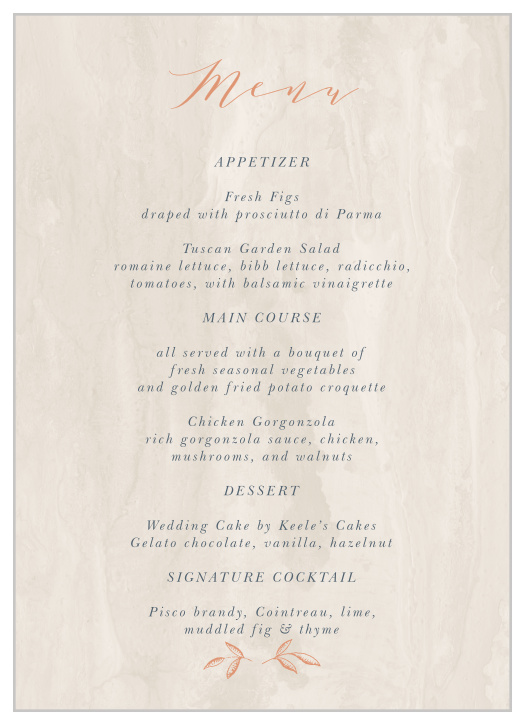 Woodland Monogram Wedding Menus allow your guests to read their upcoming meal choices in mouthwatering detail- and in the same stunning style as the rest of your wedding day.