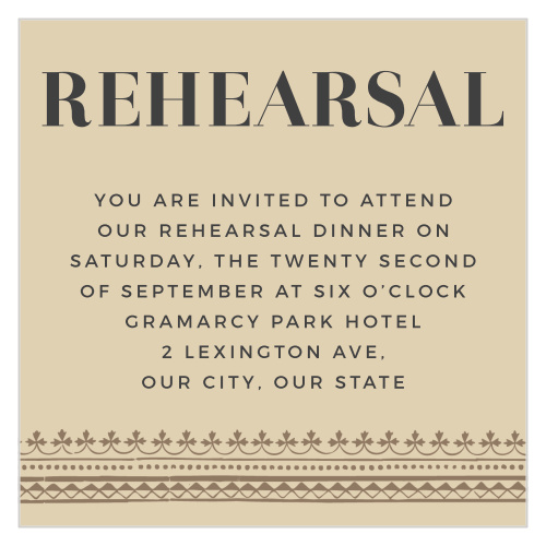 Host the rehearsal dinner of a lifetime with the antique design of our Vintage Admission Rehearsal Cards. Elegant type spells out every detail of the dinner in a dark text, offering a deep contrast to the age-stained page behind, before adding a flash of vintage illustrations decorate the bottom border.