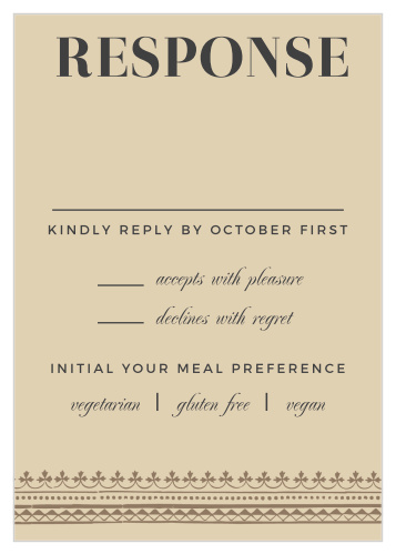 Prepare and plan for every possible guest with the antiquated styling of our Vintage Admission Response Cards. Bold, elegant lettering tops the age-stained page, followed shortly by every question you need to ask of your guests in a subtle cursive. With the final touch of repeating illustrations along the bottom border, these gorgeous cards are an irresistible addition to your wedding planning.