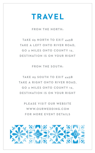 A tiled, vintage, floral pattern decorates the bottom of the Mexican Tiles Wedding Direction Cards. 