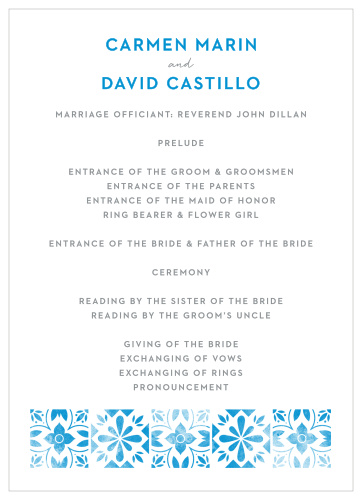 A tiled, vintage, floral pattern decorates the bottom of the Mexican Tiles Wedding Programs.