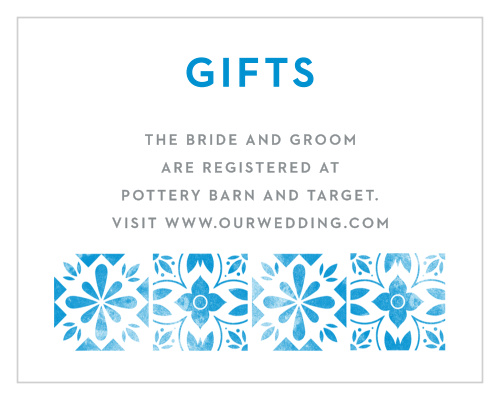 A tiled, vintage, floral pattern decorates the bottom of the Mexican Tiles Wedding Registry Cards.
