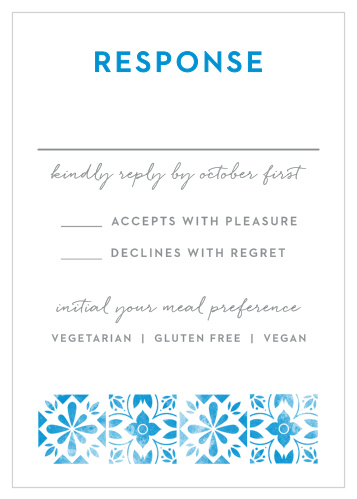 A tiled, vintage, floral pattern decorates the bottom of the Mexican Tiles Wedding Response Cards.