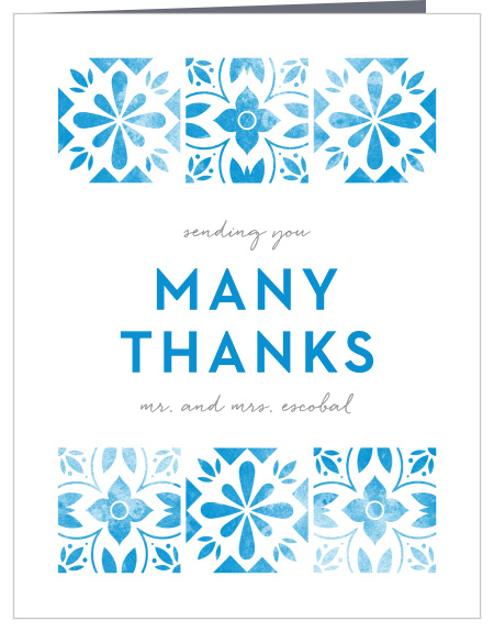 Worn, marina blue tile with an aged, floral pattern decorates our Mexican Tiles Wedding Thank You Cards. 