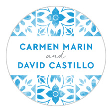 Worn, marina blue tile with an aged, floral pattern decorates our Mexican Tiles Wedding Sticker.
