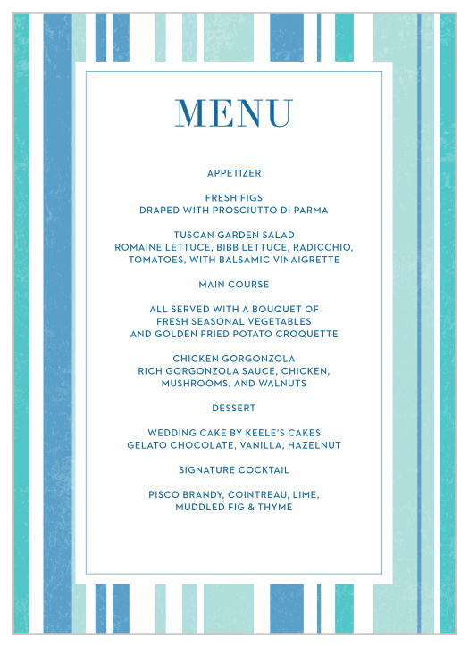 The nautical color scheme of our Beach Blanket Wedding Menus makes them a fun way to let your guests know every delectable item they'll be eating at your wedding. 