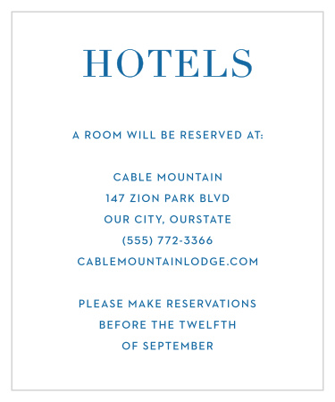 Our Beach Blanket Accommodation Cards offer a simple backdrop to your kind recommendations spelled out in modern print.