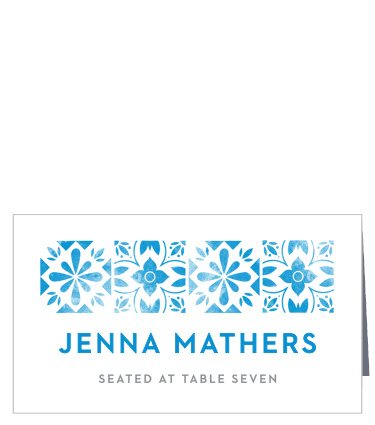 A tiled, vintage, floral pattern decorates the Mexican Tiles Place Cards.