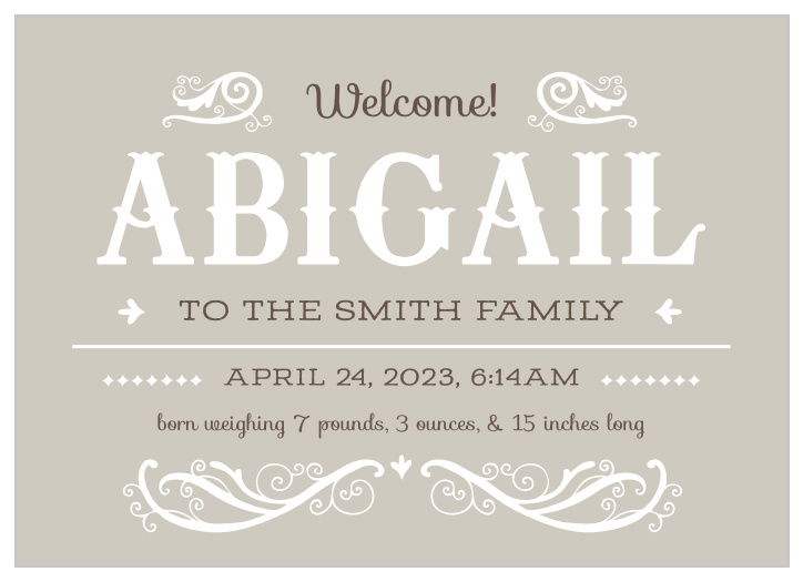 Broadcast to the word that your bundle of joy has arrived with our Ornamental Perfection Birth Announcements.