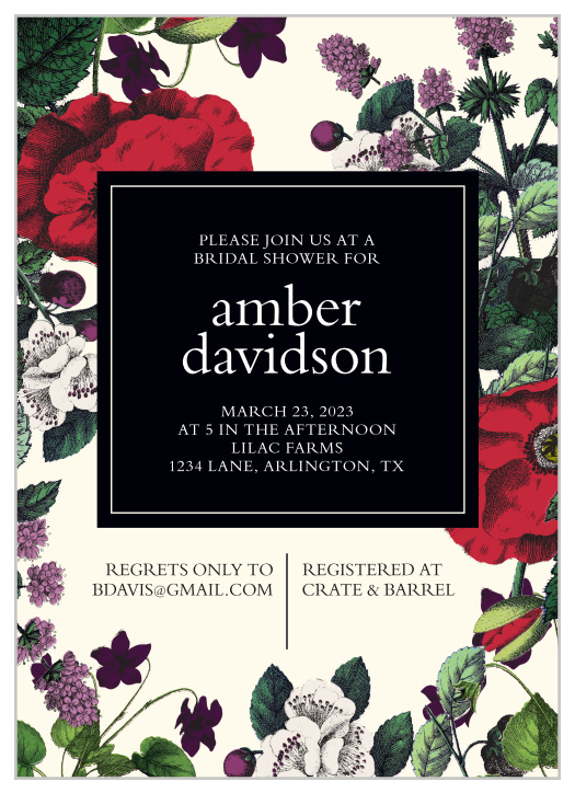 Celebrate this exciting new stage of life with the people closest to you using our Classic Botanical Bridal Shower Invitations! Beautiful floral illustrations cover the cream background of the card, drawing your guests' attention in, before providing all of the details they need to know in a high-contrast center.