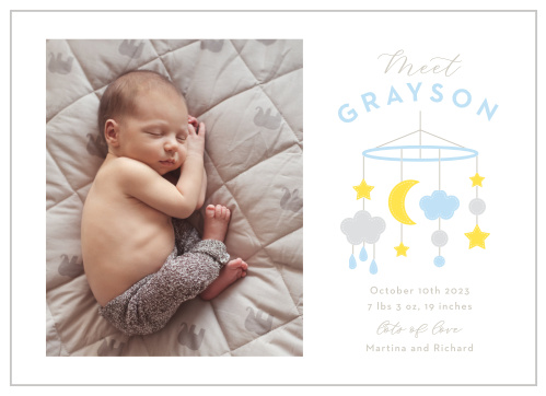 Show off your newborn to your close friends and family with our Baby Mobile Birth Announcements.