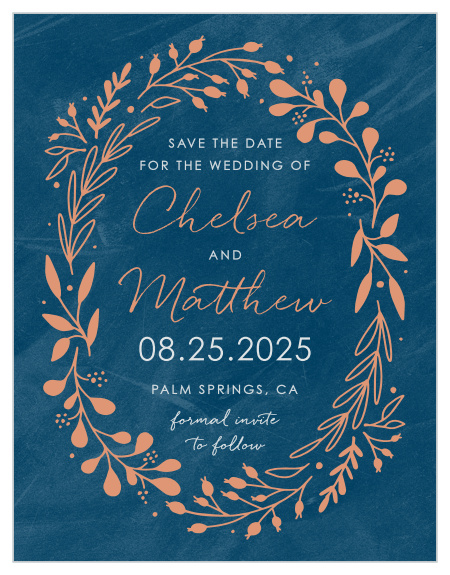 Give your guests the advance notice they need to be as prepared for your wedding day as you are with our Once Upon a Time Save-the-Date Magnets. Stunning botanical illustrations encircle your text in a shining rose-gold foil, with your own names written in that same flowing shimmer, while every important detail of your wedding day is easy to read in white print.