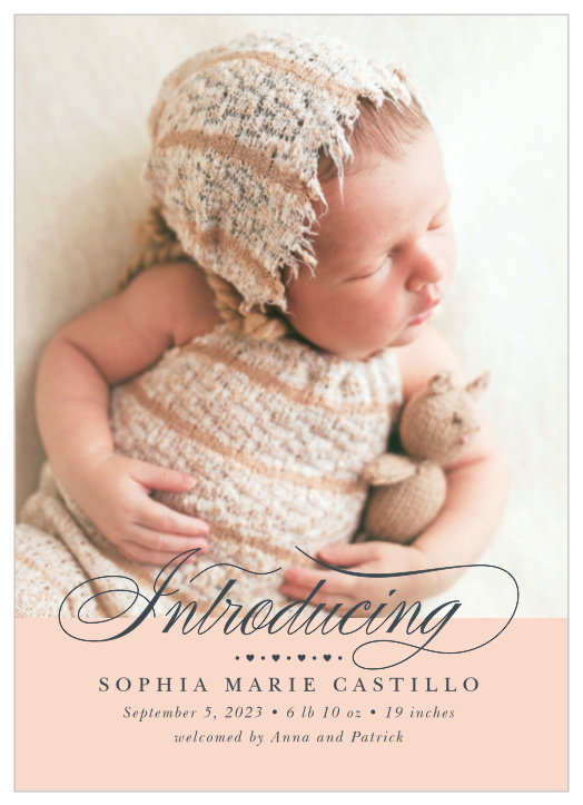 Inform close friends and family that your bundle of joy has arrived with our Hearts & Polka Dots Birth Announcements.