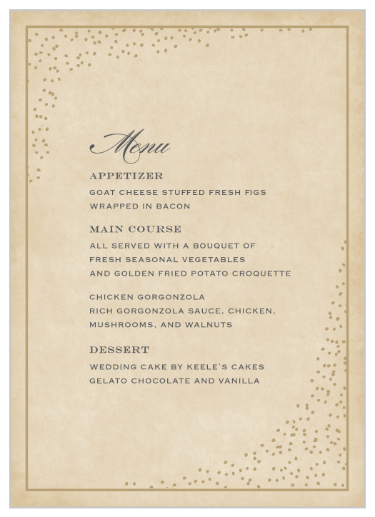 Antique Charm Wedding Menus describe every meal choice in tantalizing, irresistible detail.