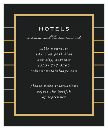 Our Starburst Frame Accommodation Cards features a sleek black background with gold accents, creating a design that is both simple and eye-catching at the same time.