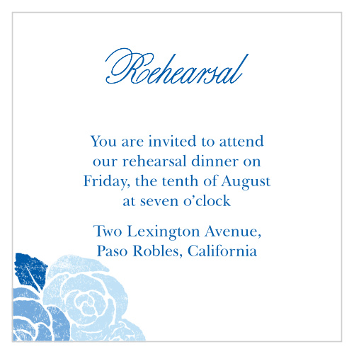 Neat, swirling calligraphy titles our Mexican Flowers Rehearsal Cards in deep blue, offering a stunning contrast to the white background behind it. Carefully, deliberately faded florals decorate the bottom-left corner in shades just a few hues lighter than the text in the center spelling out all of your dinner details. With the unforgettable vintage design of these cards, you can be sure that all of your friends and family are there for an intimate dinner before the big day.