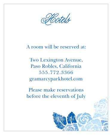 Keep your guests comfortable and satisfied in the days surrounding your wedding by providing local recommendations. Our Mexican Flowers Accommodation Cards utilize a faded floral design and sharp contrast of blue on white to share all of your details. Swirling calligraphy tops the page to inform your guests of the card's purpose, while a corner collection of blooming flowers offers a classic touch of elegance.