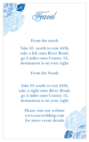 Guide your guests to the location of your wedding venue with the faded floral design of our Mexican Flowers Direction Cards. Hues of blue decorate the page, forming illustrations in the card's opposite corners as well as the duo of typefaces that share your details, ensuring along the way that your guests can find their way through every twist and turn.