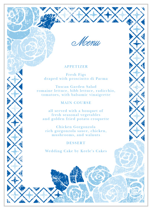 Help your guests work up an appetite with the endless elegance of our Mexican Flowers Wedding Menus. A lovely duo of typefaces describes each of your guests' meal options in tantalizing detail, surrounded by the faded floral mosaic of its exterior border.