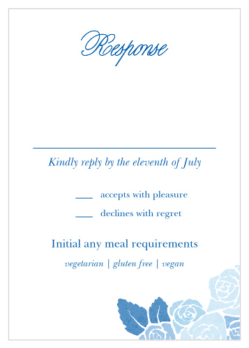 Watch your guest list grow like the faded blue florals on our Mexican Flowers Response Cards! Utilizing the sharp contrast of blue on white and the classic elegance of type and calligraphy, these beautiful RSVPs help you gather the information you need from your guests in the style of your wedding.