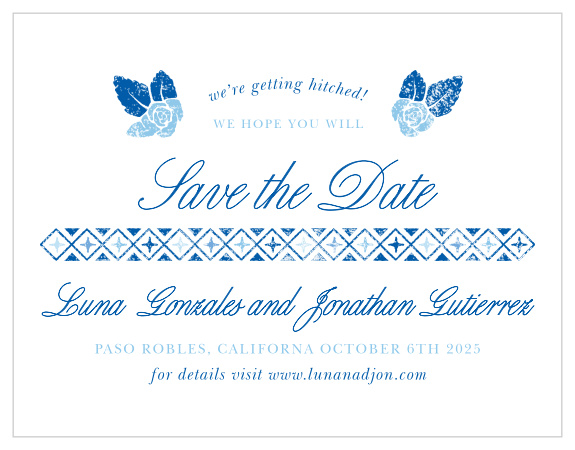 Make sure that your guests have marked your wedding day on their calendars with the unforgettable style of our Mexican Flowers Save-the-Date Magnets. A combination of elegant calligraphy and neat type share every important detail of your wedding day, resplendent in blue and separated by a faded mosaic of enameled tile for a stunning look. With a crown of flowers to showcase your own blooming love, these magnets will look lovely in the homes and hearts of your loved ones.