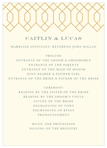 The art deco theme that flows through the rest of this wedding suite continues with our Deco Diamonds Wedding Programs.