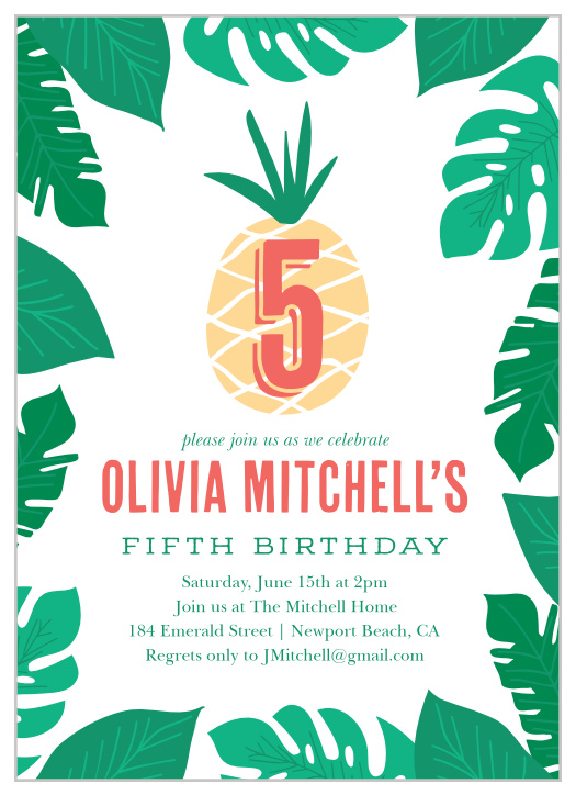Our Aloha Pineapple Children's Birthday Party Invitations offer the perfect combination of sweet words and tangy design. The borders of your invitation are filled with sea-green fronds, each pointing inward to the details that your guests need to have. With a bright pineapple decorating the center just above your child's name in an eye-catching red, these cards guarantee that your little one has their biggest birthday yet.