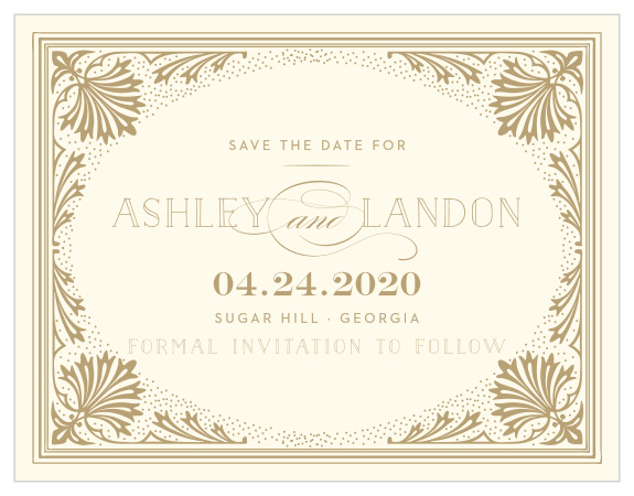 Our Filigree Frame Save-the-Date Magnets provide your wedding day details in resplendent detail, giving your guests the opportunity to prepare as well in advance for your wedding day as you have. Graham-cracker flavored illustrations form a vintage-styled frame, an old-fashioned look for your modern day event. With a trio of lovely fonts to describe every piece of information they need, you can be sure that your guests will be there to witness the next chapter of your story.