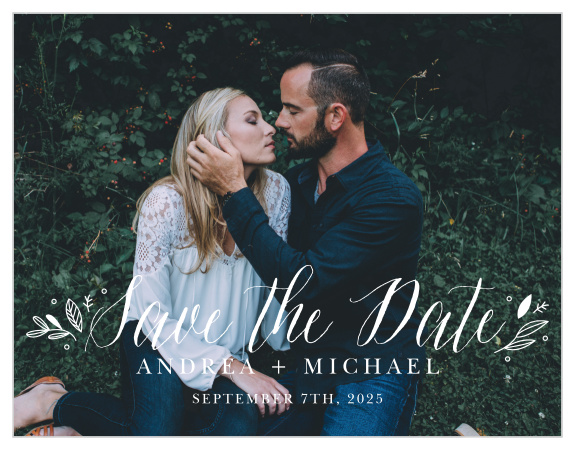 Give your guests the information they need in the breathtaking style of our Autumn Forest Save-the-Date Magnets. A smooth, swirling script spells out the purpose of your magnet, framed by a lovely pair of botanical illustrations. Neat prints provide the details your guests need to mark their calendars in anticipation of your big day, while the stunning backdrop of your favorite photo finishes your magnets with an irresistibly personal touch.