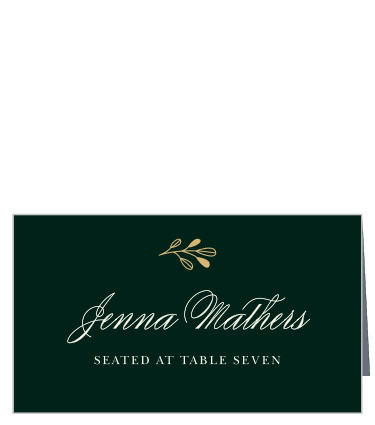 Spell out your guests' names in a swirling script across the deep-green background of our Autumn Forest Place Cards. The muted, off-white color of your text serves as a lovely complement to the bright gold-foil leaf just above. Guide your guests to their seats with the shining beacon that is each of these place cards. 