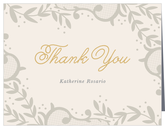 True sophistication comes not from extravagance, but from simplicity; our Lacy Corners Milestone Birthday Thank You Cards exemplify that concept with a well-weathered leaf-and-lace design, utilizing a swirling gold-foil calligraphy to spell out a simple "Thank You". With your name just below and plenty of space inside to personalize each card to each guest, you can be sure that these cards are the perfect finishing touch for your party preparations.