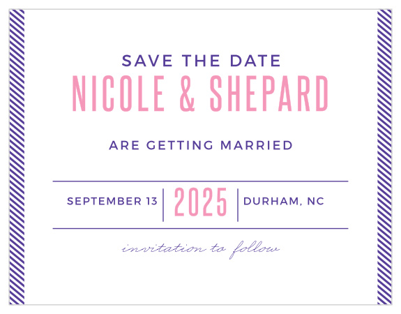 Bold fonts, clean lines and modern slanted stripes infuse the Artful Elegance Save-the-Date Cards from the Crafty Pie Collection at Basic Invite with youthful sophistication.
