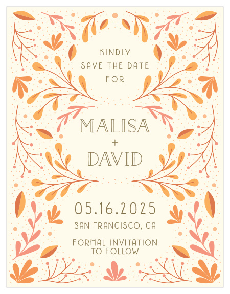 Guarantee that your guests mark their calendars well in advance with the gorgeous styling of our Rustic Fall Save-the-Date Cards. Autumn Leaves fill the page in a vibrant harvest-orange, encircling every unforgettable detail of your wedding day. With each word written in a neat pecan-brown print against the cream background, there is not a more perfect way to give your guests the notice they need.