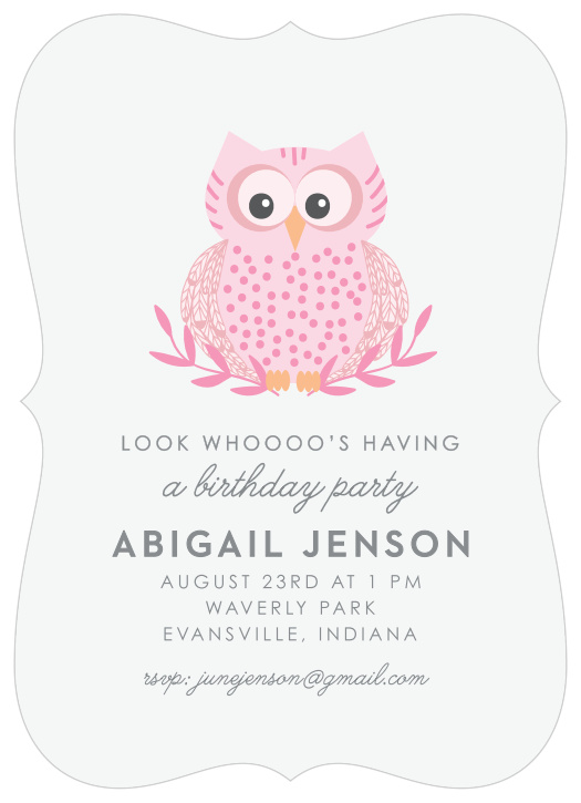 Your party is guaranteed to be an absolute hoot with our Little Owl Children's Birthday Party Invitations. A classic off-white in the form of ecru coloring forms the background, ensuring that the pale pinks of our centered owl illustration stand really pop. With each of the party's details in a french-gray combination of calligraphy and print, you can be sure that these cards are as easy to read as they are to love.