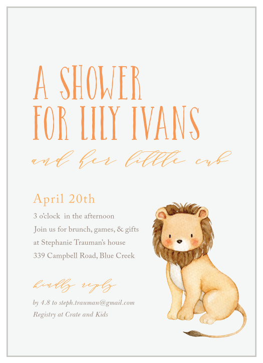 Invite your friends and family to welcome your sweet baby into this world with our Dancing Lion Baby Shower Invitation!