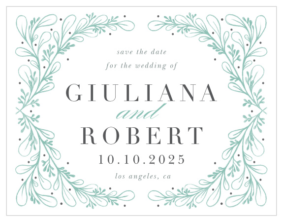 Give your guests the information they need well in advance of your wedding with the endless, magical elegance of our Fairytale Frame Save-the-Date Cards. Arching branches of fairy-green leaves form a loving embrace around every single one of your wedding details, standing out vibrantly alongside the dark-gray lettering of your words. With only the information your guests need for their own preparations and a beautiful design to accompany it, these cards will look lovely in the homes and hands of your loved ones.